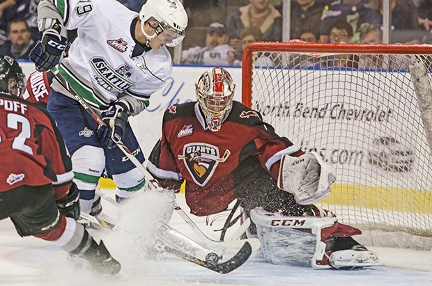 The Thunderbirds' Jaimen Yakubowski fires a shot at Giants goalie Payton Lee. Seattle outshot Vancouver