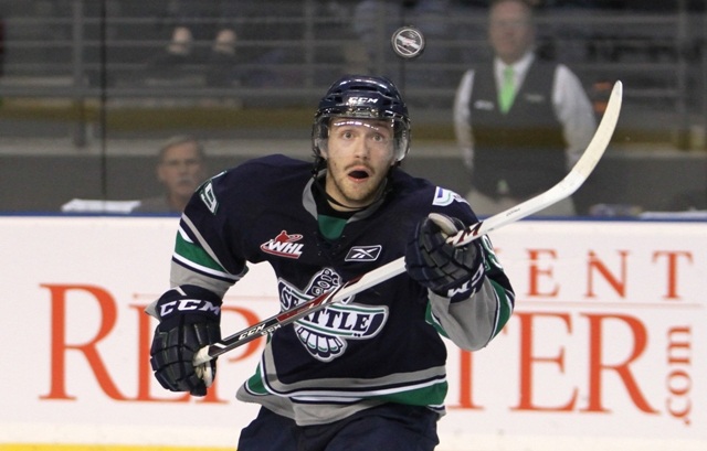 The Thunderbirds' Riley Sheen eyes the suspended puck during Friday night's WHL game against Prince George.