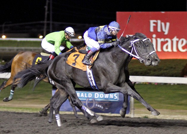 Win Photos Will Do (No. 7) and jockey Jennifer Whitaker surge to the lead in the feature race for 3-year-olds at Emerald Downs.