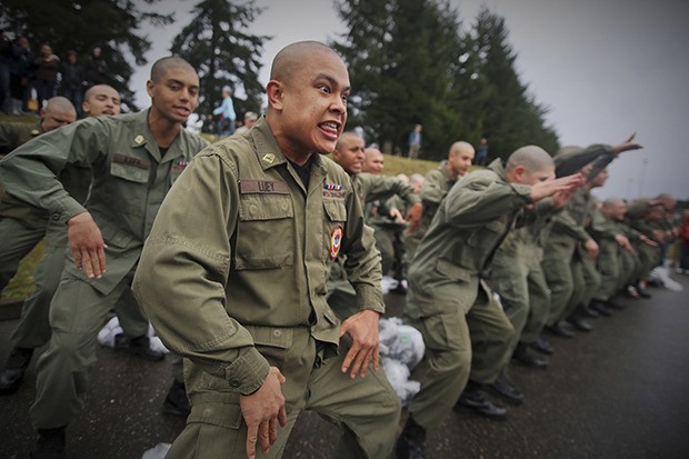 Cadet Luey of Kent participates in a haka chant with his fellow cadets at the Washington Youth Academy.