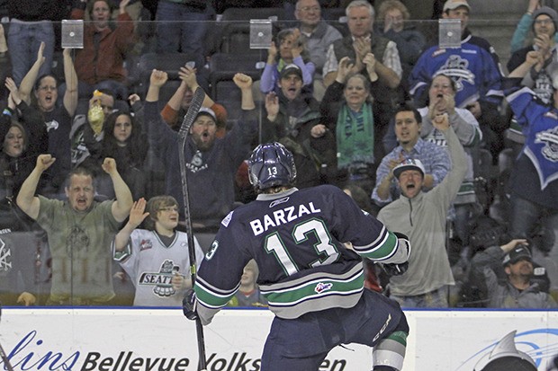 Mathew Barzal celebrates one of his two goals in the Thunderbirds' 4-3 overtime win over Prince Albert on Tuesday night.