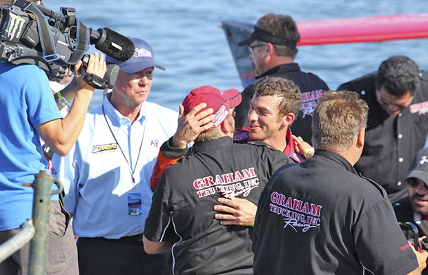 Jimmy Shane and the U-5 Graham Trucking team celebrate after capturing the H1 Unlimited Hydroplane National High Points championship Sunday on San Diego's Mission Bay.