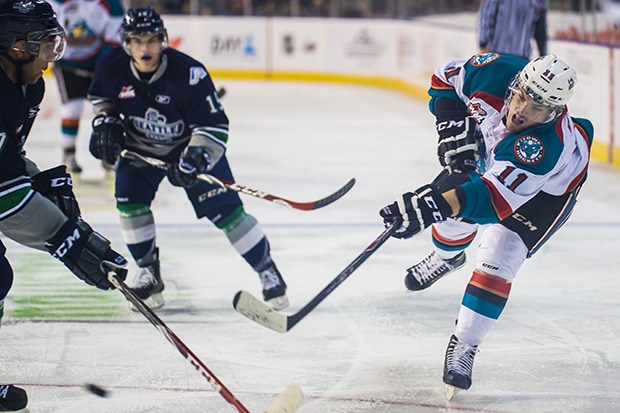 Kelowna's Carter Rigby fires a shot in the Rockets' 6-4 win against the Thunderbirds on ShoWare Center ice Saturday night.