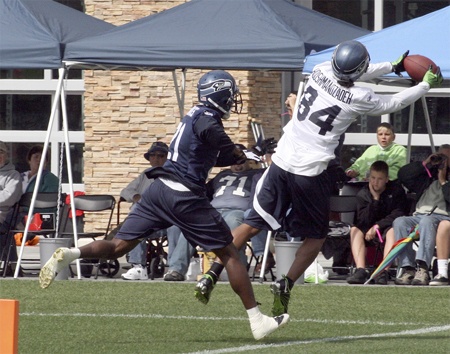 Seahawks receiver T.J. Houshmandzadeh catches a pass during an Aug. 13 training camp practice in Renton.