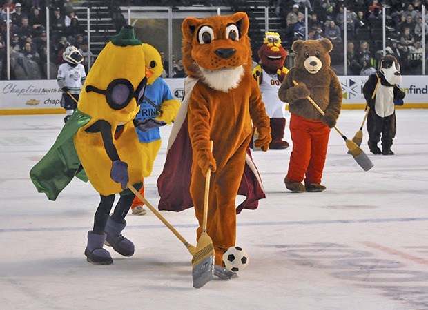 Mascots take to the ice during intermission at the Thunderbirds' game last Sunday. The T-Birds return to home ice against the Kamloops Blazers at 6:05 p.m. Saturday.