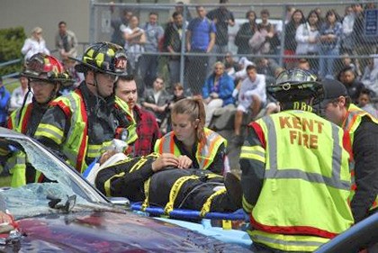 A simulated vehicle crash from a previous Gift of Life presentation.