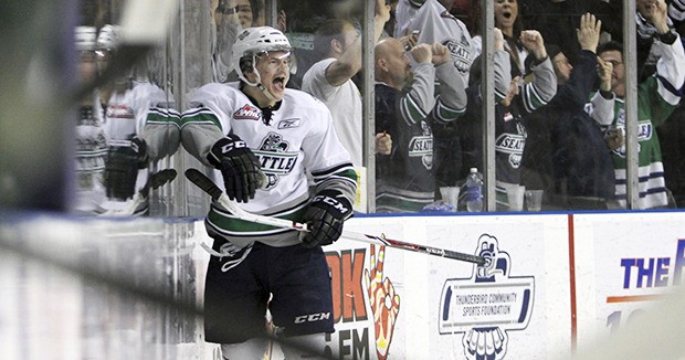 Scott Eansor celebrates one of his two goals in the Thunderbirds'  Game 3 win against the Silvertips.