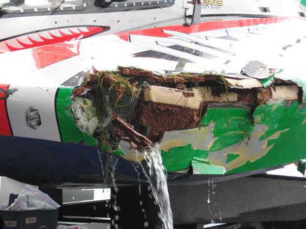 Crews were busy repairing damage to Jimmy Shane's U-6 Oberto hydro in preparation for the Albert Lee Appliance Cup at Seafair