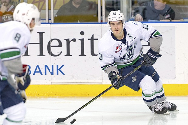 The Thunderbirds' Mathew Barzal controls the puck during WHL play Tuesday night.