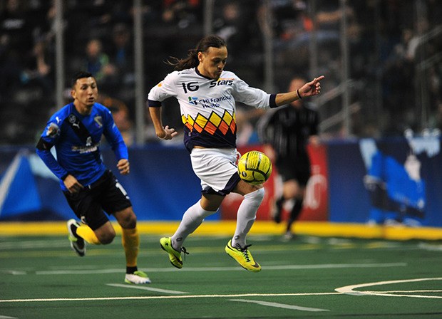 The Stars' Joseph Cairel pushes the ball upfield against the Sockers in MASL action at the ShoWare Center on Saturday night.