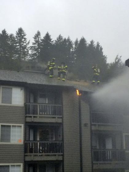 Firefighters douse an apartment complex fire in the 24800 block of 45 Avenue South on Wednesday morning. Three people were hurt.