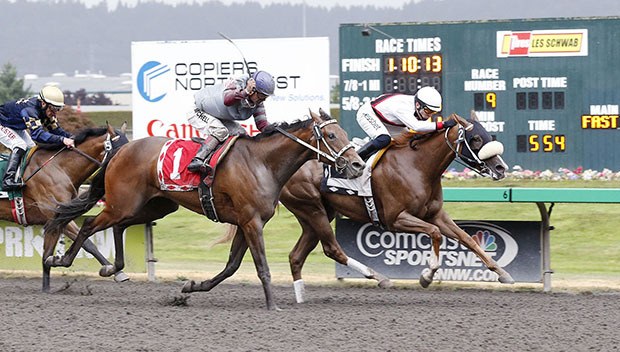 Coal Creek Farm's My Heart Goes On and jockey Juan Gutierrez prevail by a head in the $50