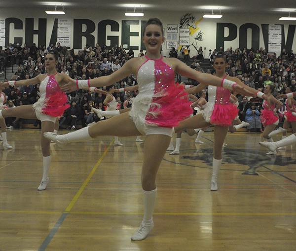 The Kentridge High School Chatelaines dance team performs in the kick category of the West Central District 4A championships on Saturday at Kentridge.