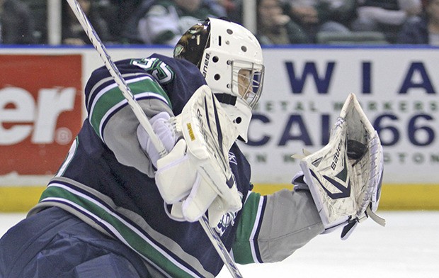 Taran Kozun makes one of his 26 saves in Seattle's 3-1 victory over Everett on Sunday to give the Thunderbirds a 2-0 series lead