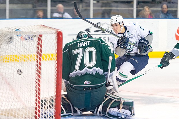 The T-Birds' Mathew Barzal scores one of his two goals in Saturday's game against the 'Tips and now has 11 on the season.