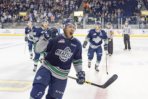 T-Birds' Keegan Kolesar celebrates after scoring a hat trick in a 7-2 rout of Brandon on Tuesday night at the ShoWare Center.