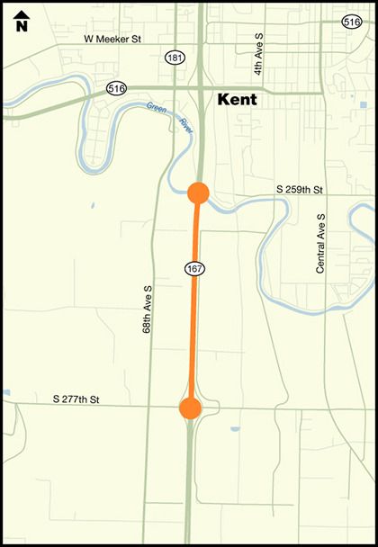 The northbound State Route 167 paving project will repave and resurface one mile of the freeway from South 277th Street to Green River Bridge in Kent.