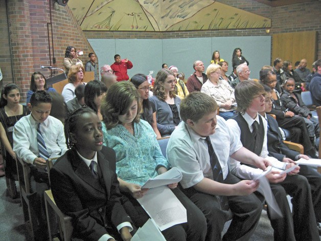 Mill Creek Middle School students and adults take in the Mock Congressional Hearings at City Hall last week.