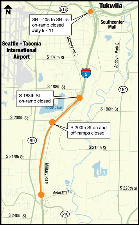 Drivers can expect lane closures the next few weekends along I-5 southbound near SeaTac.