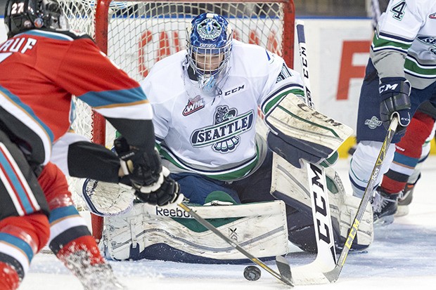 The Thunderbirds' Logan Flodell makes one of his 23 saves the Rockets in posting his first career WHL shutout.