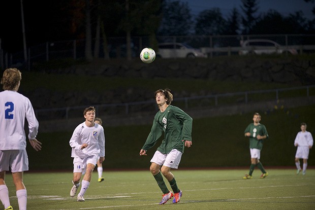 Paul DeLean goes for a header in Kentridge’s soccer match May 1 against Tahoma. Kentridge lost  to the Bears 1-0.