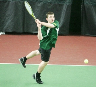 Kentridge's Matt Overland delivers a strong return during West Central District tournament action last week at Sprinker Recreation Center in Spanaway. Overland gave Kentwood's Max Manthou a challenge