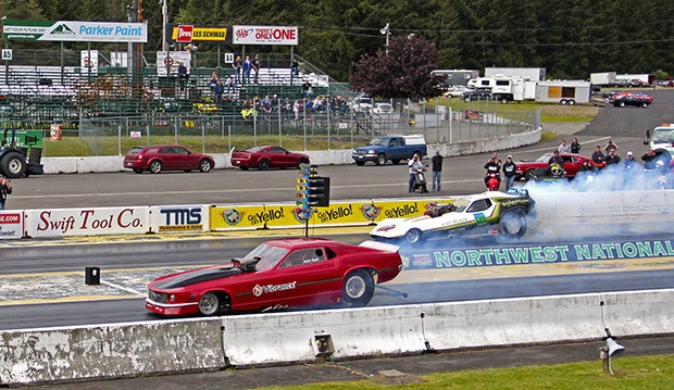 The Vibrance and Hart Breaker Funny Cars square off at last Saturday’s Northwest BB Funny Car Association points race at Pacific Raceways in Kent.