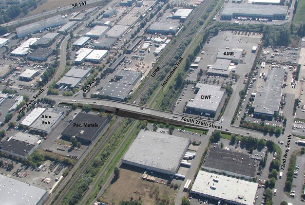 A photo simulation looking south of what the new South 228th Street overpass will look like going across the Union Pacific railroad tracks.