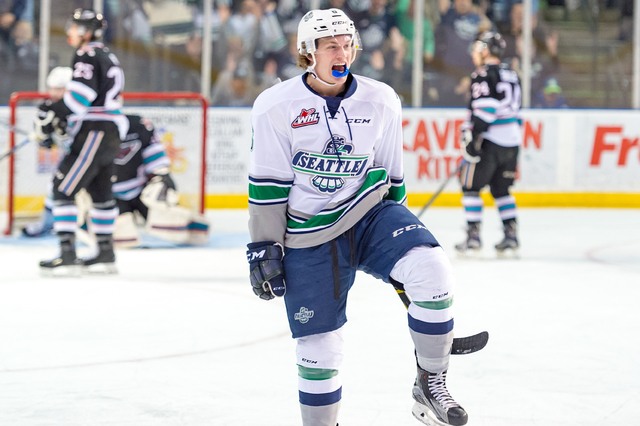 Seattle defenseman Bryan Allbee celebrates his first-period goal. The Thunderbirds went on to defeat Kelowna 3-1 for a commanding 3-0 lead in their Western Conference finals series. COURTESY PHOTO