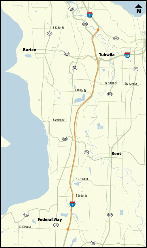 The southbound Interstate 5 concrete pavement rehab project is located along 12.8 miles of freeway from Duwamish River Bridge in Tukwila to South 320th Street in Federal Way. COURTESY MAP