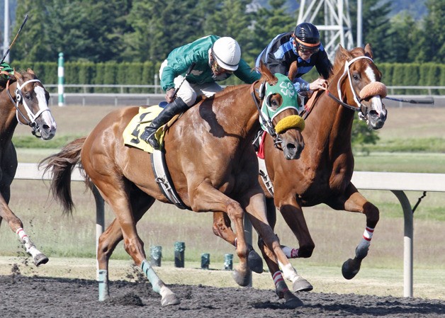 He's Flyin Home (green blinkers) out finishes Who's Your Next Ex in the Saturday feature race at Emerald DownsJuly 2.