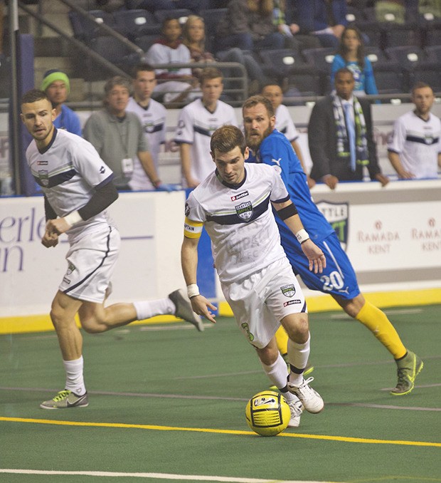 Gordy Gurson moves the ball down the field during the Seattle Impact FC home opener in the Major Arena Soccer League at the ShoWare Center.