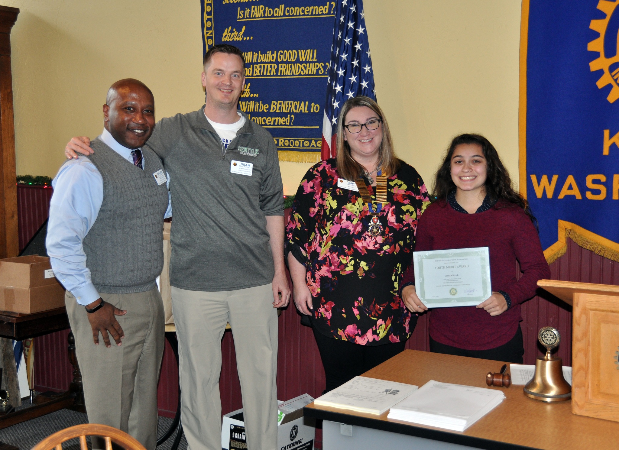 At the presentation are, from left, Kent School District Superintendent Calvin Watts; Rotarian Sean Runnels; Kent Rotary President Amy Hobson and Kentlake student Calista Webb. COURTESY PHOTO