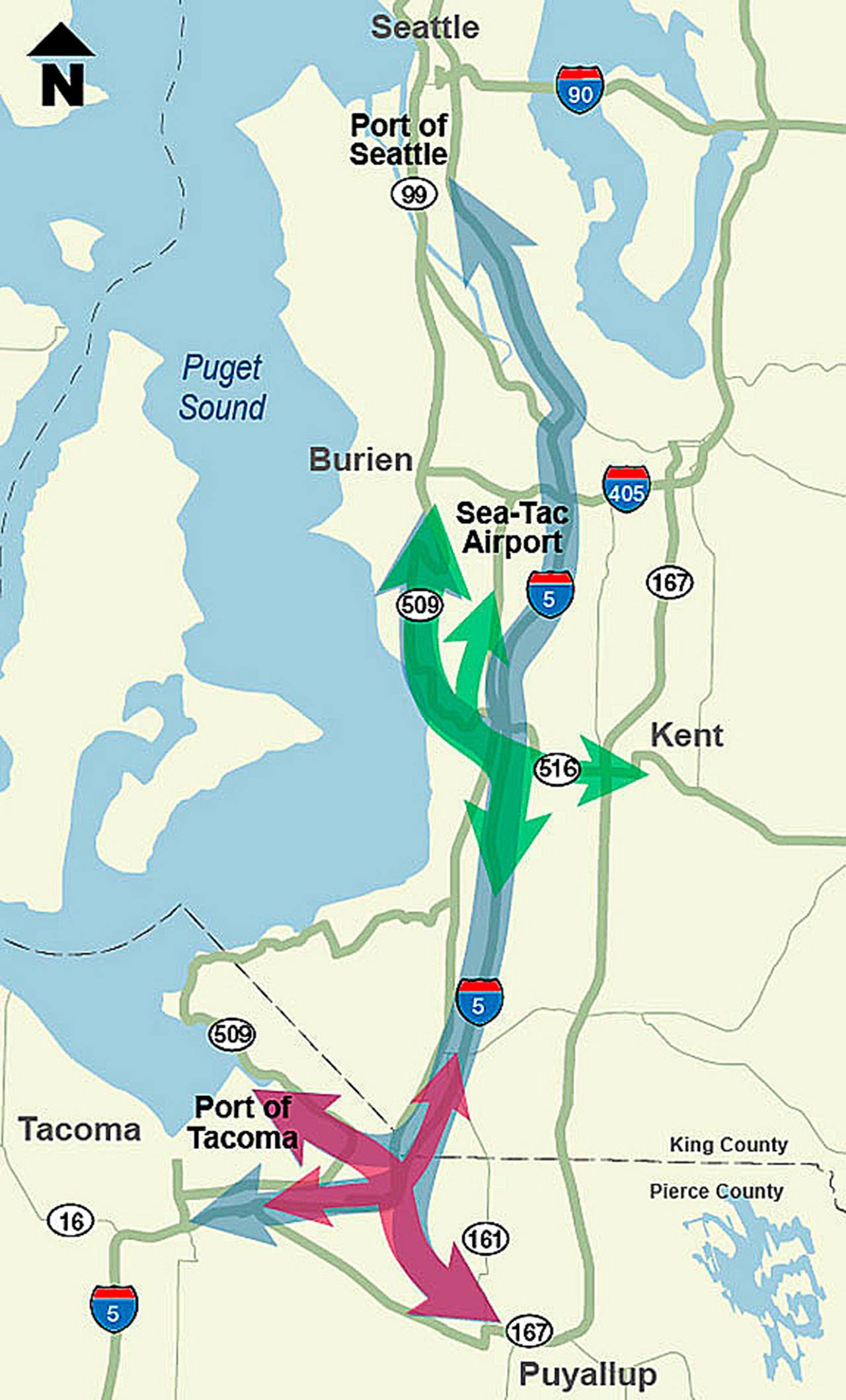 The state DOT plans to extend State Route 509 between SeaTac and Kent and SR 167 between Puyallup and Tacoma to improve connections between freight corridors. Courtesy map/WDOT