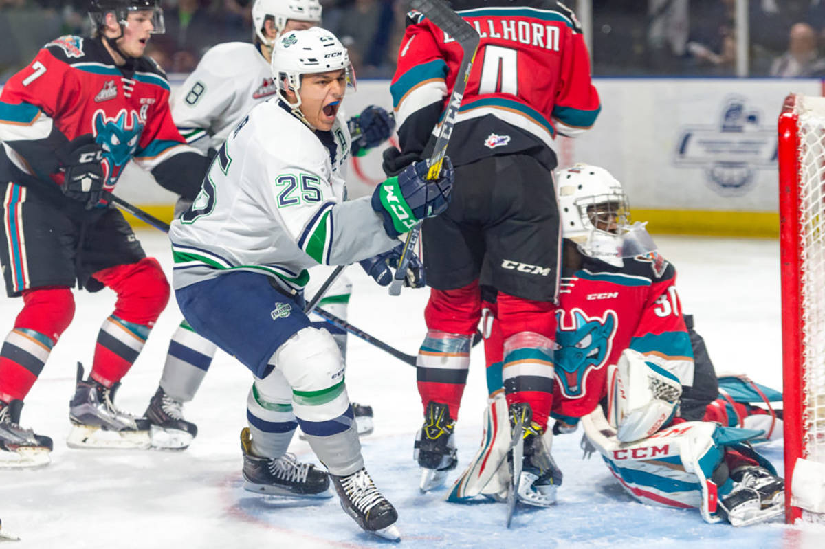 The Thunderbirds’ Ethan Bear scores a power-play goal in the second period against the Rockets on Saturday night. COURTESY PHOTO, Brian Liesse/T-Birds