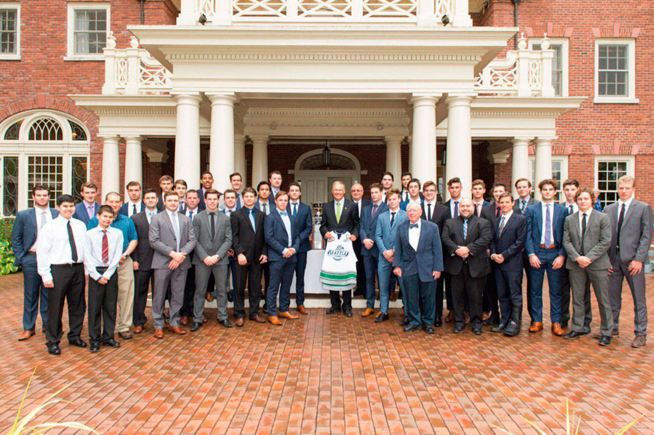 Gov. Jay Inslee honors the Seattle Thunderbirds on Monday at the Executive Residence in Olympia for winning the 2016-2017 Western Hockey League championship. Courtesy Photo/Brian Liesse/T-Birds