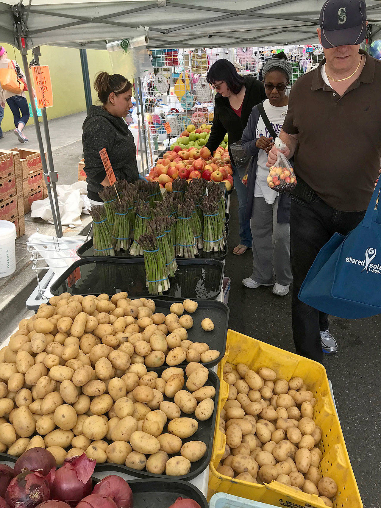 Customers peruse and choose farm-fresh produce on opening day of the Kent Farmers Market last Saturday. MARK KLAAS, Kent Reporter