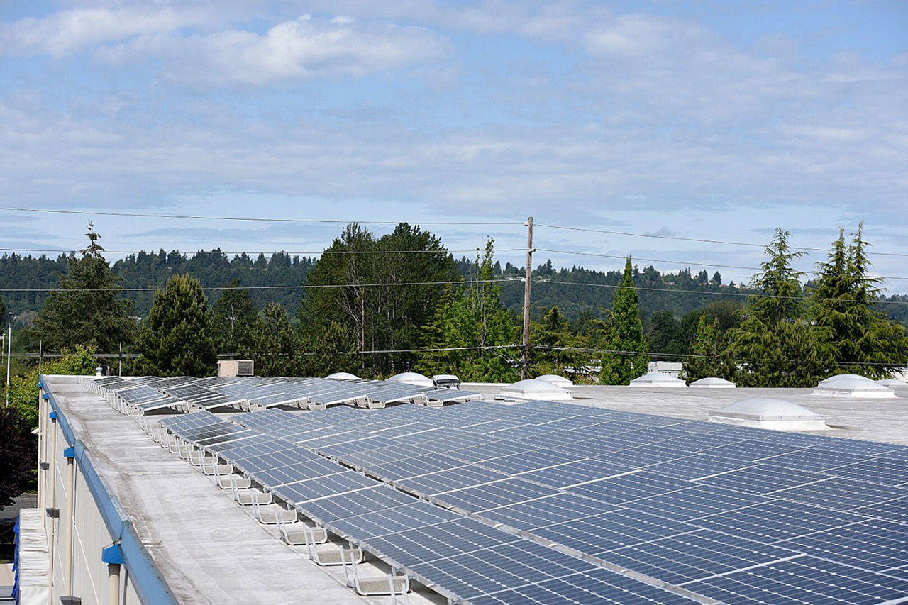 Solar panels cover the Northwest Harvest warehouse in Kent, thanks to a Puget Sound Energy’s Green Power solar grant. COURTESY PHOTO