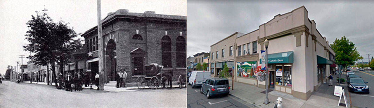 Then and now: The Morrill Bank building, on the corner of First and Gowe, in 1910, left, and today. COURTESY PHOTOS