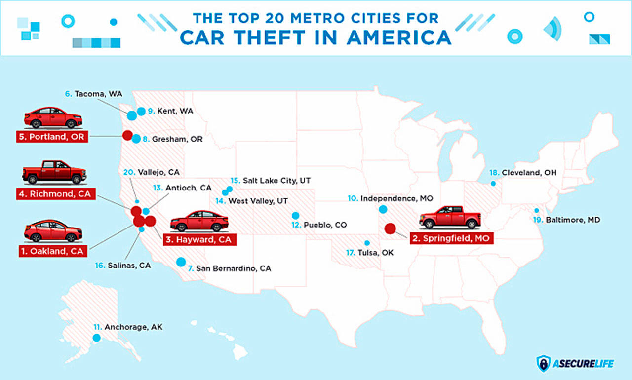 This map shows Kent ranks ninth in the nation with the most car thefts - 4.98 for every 1,000 people. COURTESY GRAPHIC, ASecureLife