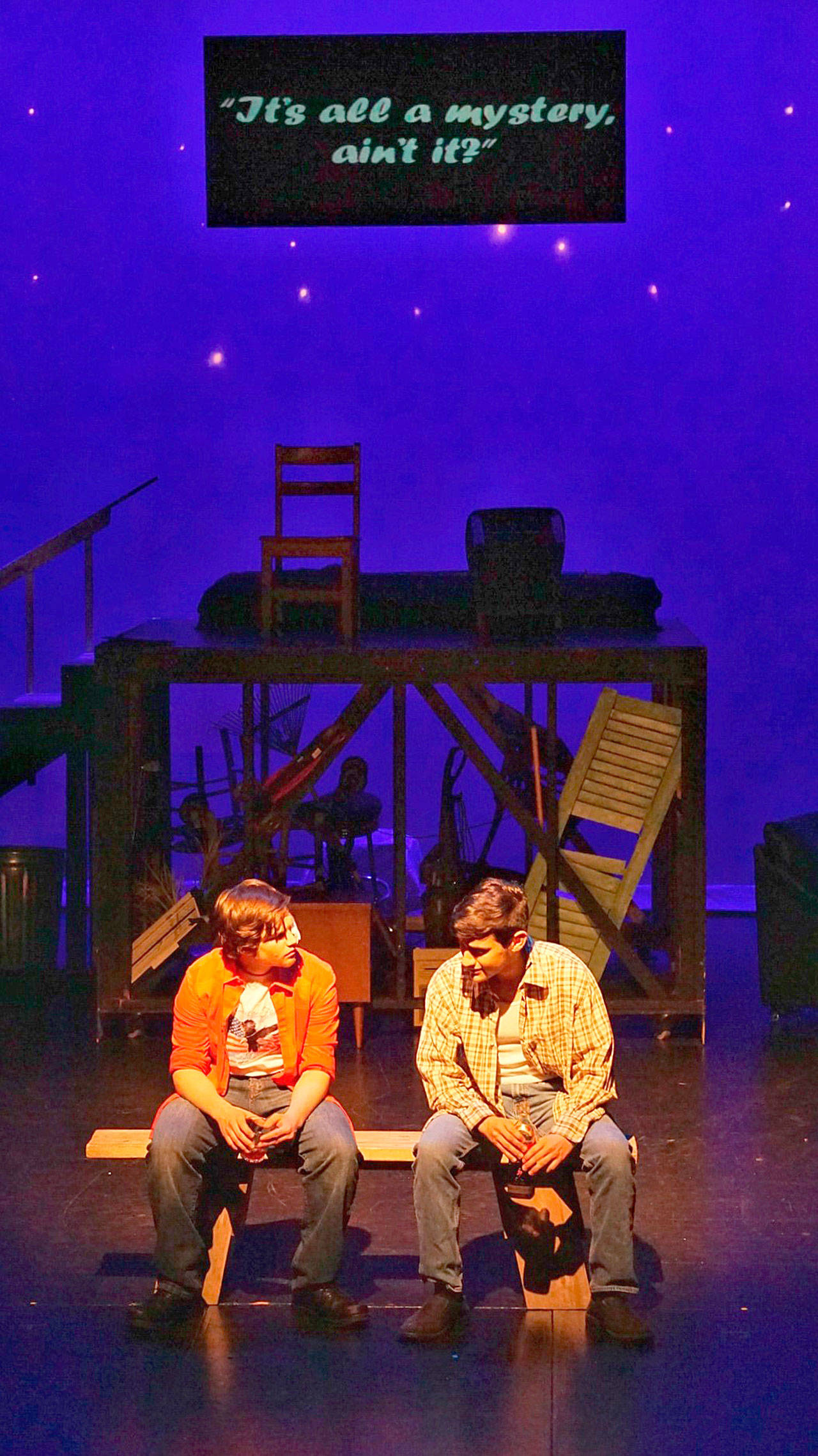 Brothers Junior (Mark Proudlock) and Ray-Bud (Daniel Drake), making amends after a fight over their father’s funeral expenses, will perform in “Dearly Departed” May 15-18 at the Kent-Meridian Performing Arts Center. COURTESY PHOTO, K-M Drama