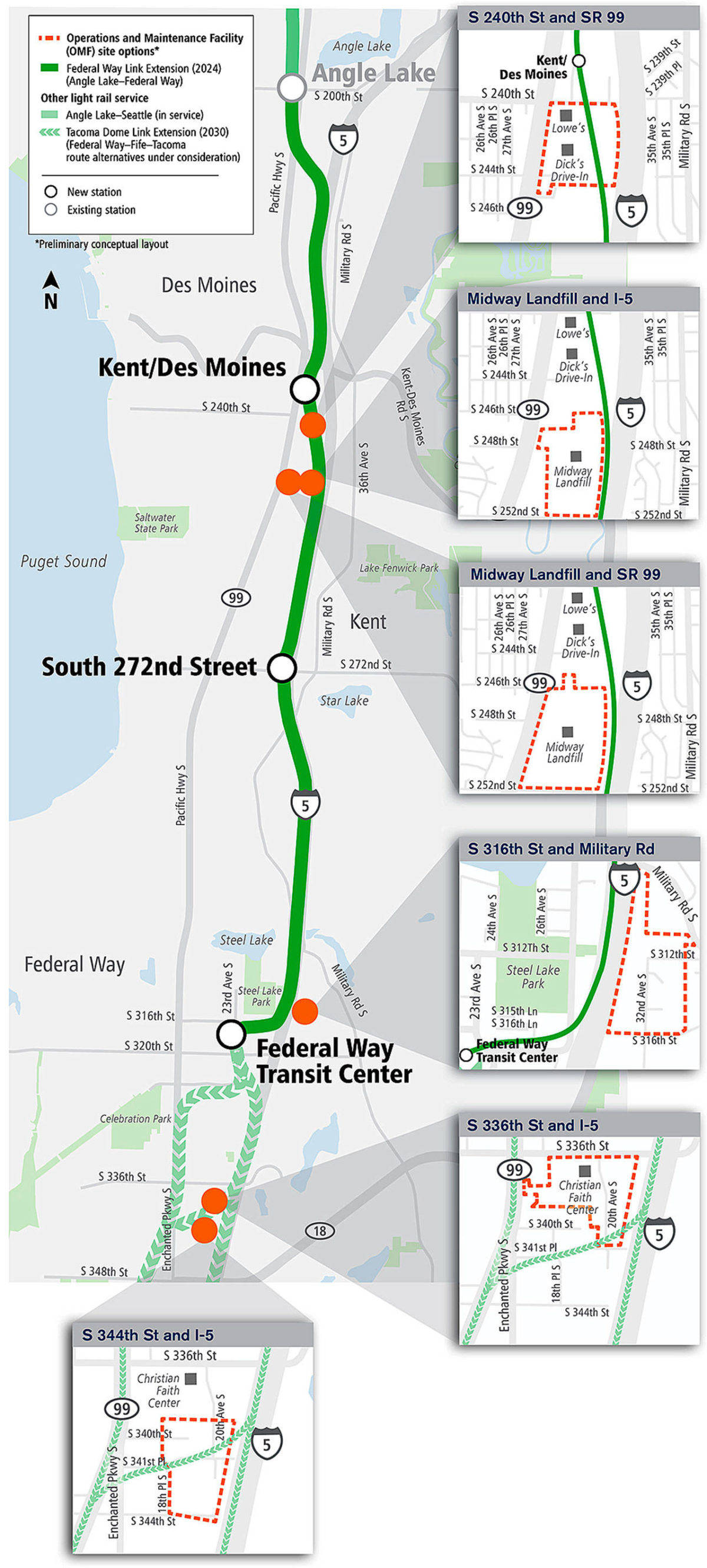 The six sites considered by Sound Transit for a new light rail vehicle Operations and Maintenance Facility. The agency will further study three sites - Midway Landfill and I-5; South 336th Street and South 344th Street. COURTESY GRAPHIC, Sound Transit