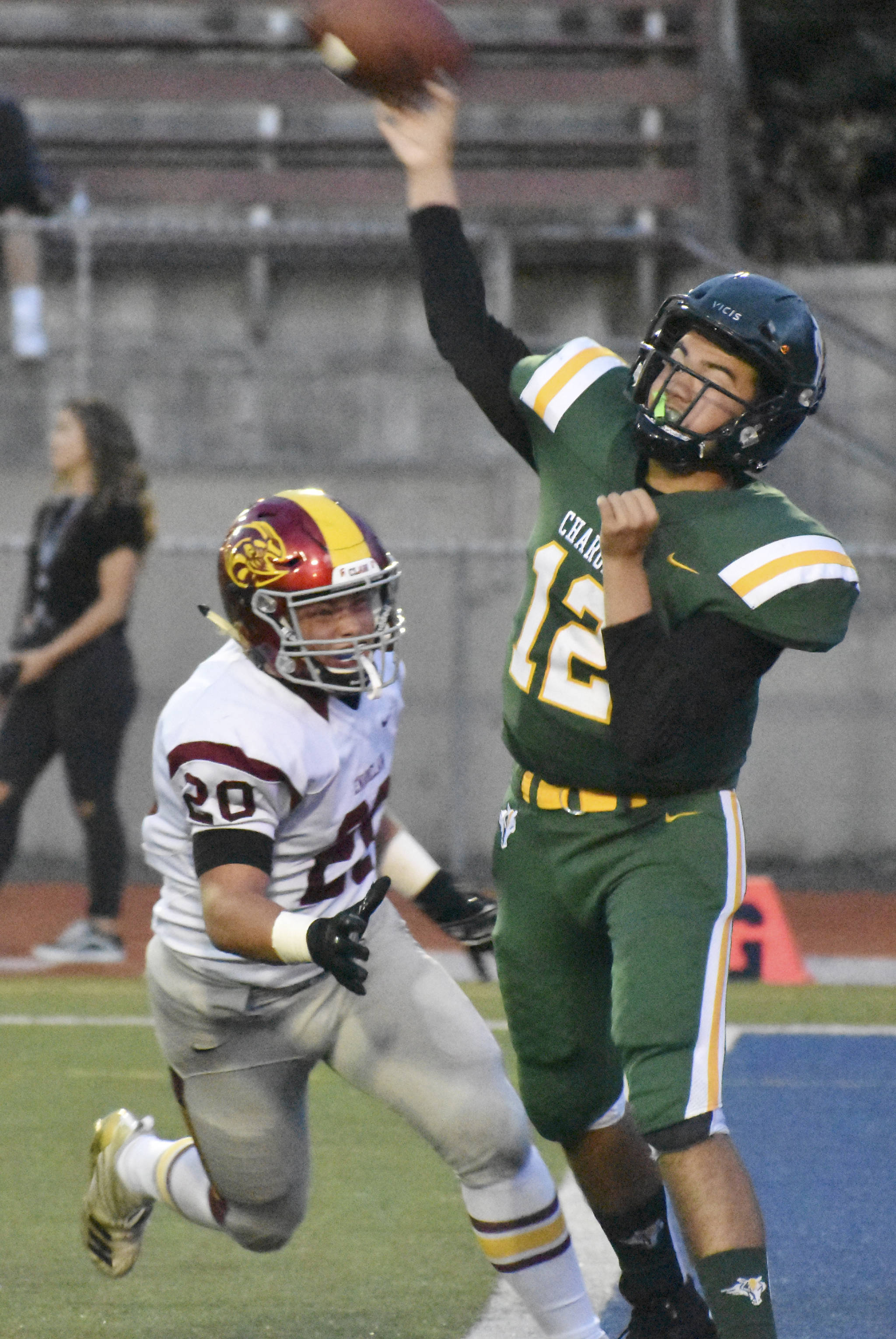 Kentridge quarterback Chance Guadiz delivers a pass against Enumclaw during the first half Thursday at French Field. KEVIN HANSON, Courier-Herald