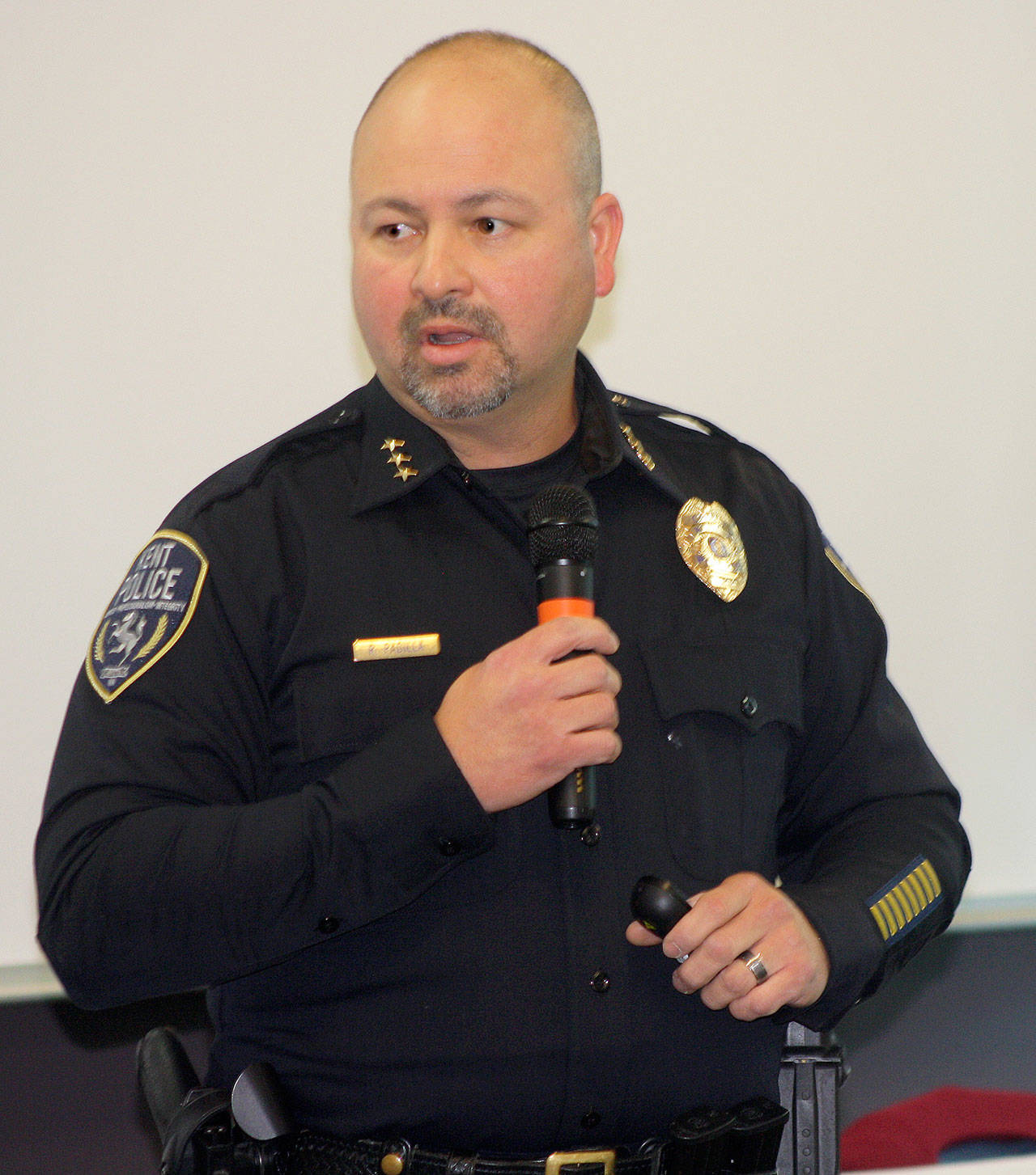 Kent Police Chief Rafael Padilla speaks to the Kent Chamber of Commerce on Oct. 3 about the need for more officers. STEVE HUNTER, Kent Reporter