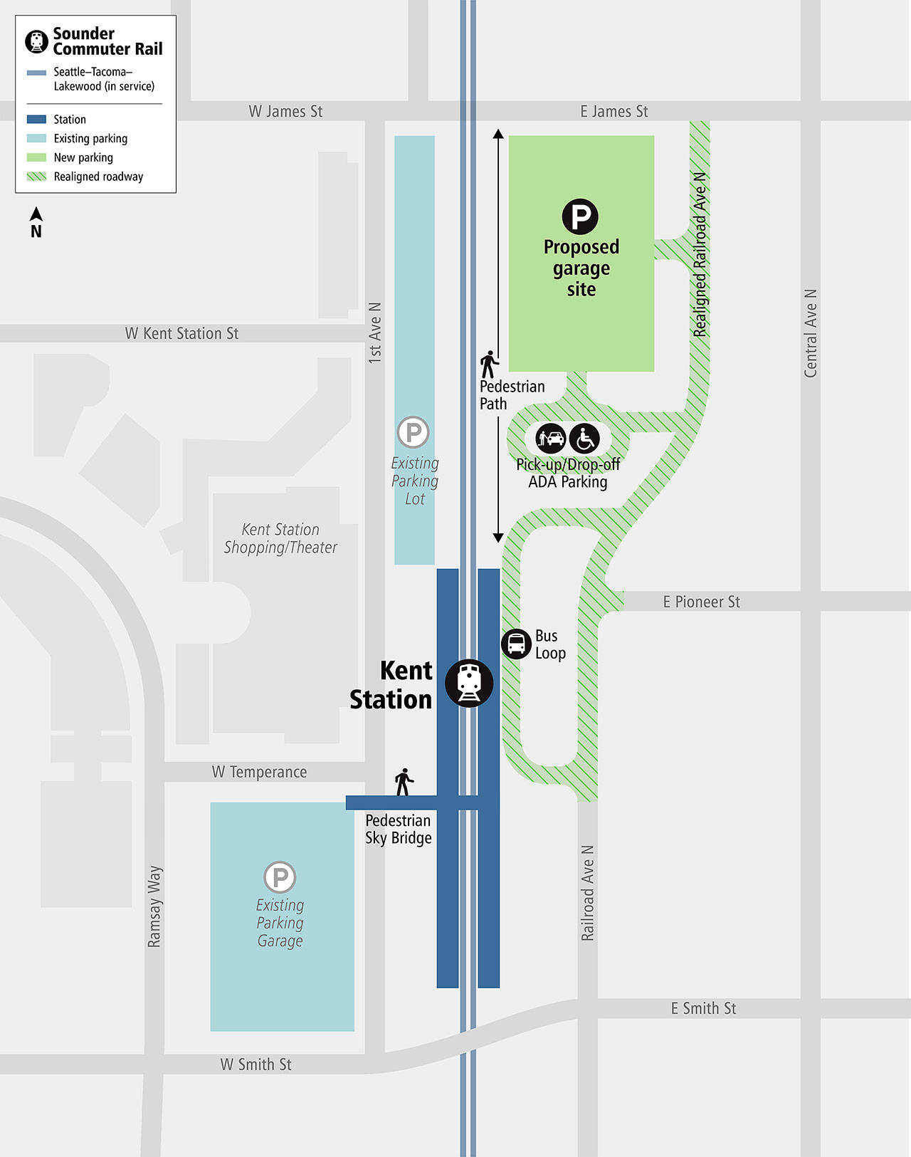 A graphic of where the new Sounder parking garage would be built and access to the garage. COURTESY GRAPHIC, Sound Transit