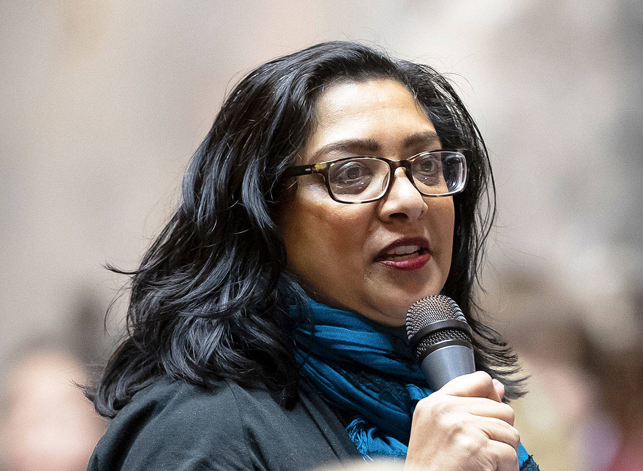 Sen. Mona Das, D-Kent, the primary sponsor of the bill to ban plastic bags at retail outlets, speaks on the bill Jan. 15 in Olympia. COURTESY PHOTO, Hannah Sabio-Howell