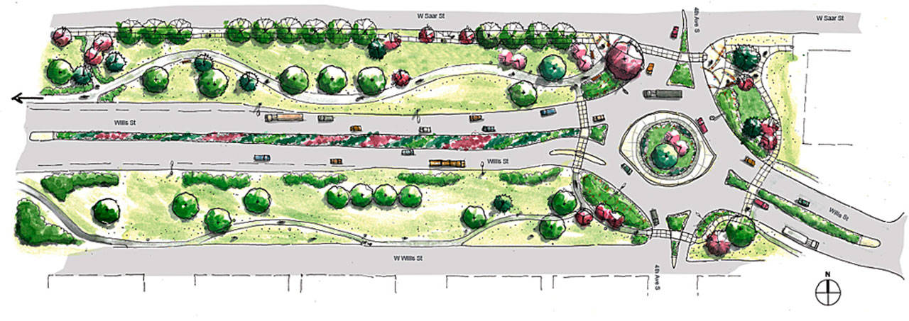 A rendering of the planned roundabout for Fourth Avenue South and Willis Street in Kent. COURTESY GRAPHIC, City of Kent