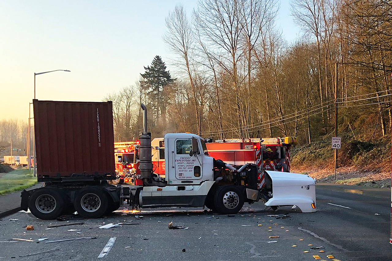 A 74-year-old Seattle man died early Wednesday morning when his car collided with a semi-truck along Orillia Road near South 212th Place. COURTESY PHOTO, Puget Sound Fire