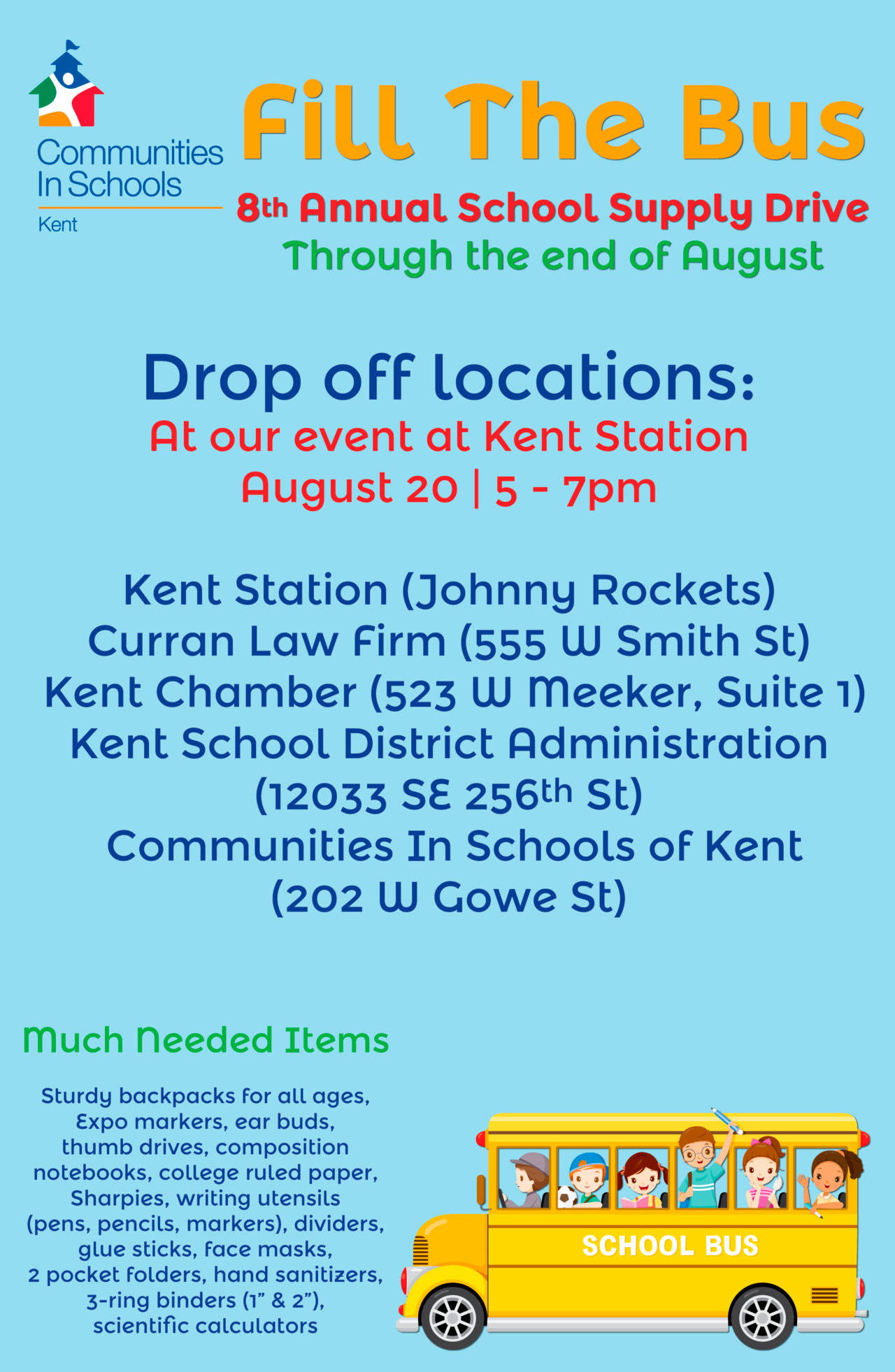 Fill the Bus school supply drive in Kent set for Aug. 20