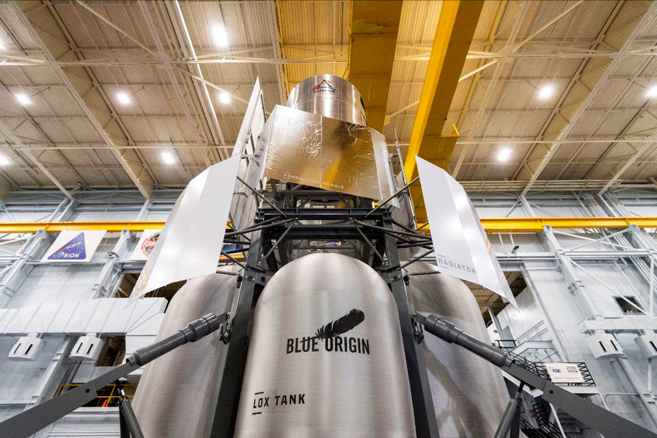 Blue Origin and the rest of the National Team’s engineering mockup of the crew lander vehicle at NASA Johnson Space Center’s (JSC) iconic Building  9, where astronauts train and scientists and engineers develop the next generation of space exploration vehicles at the Houston facility. COURTESY PHOTO, Blue Origin